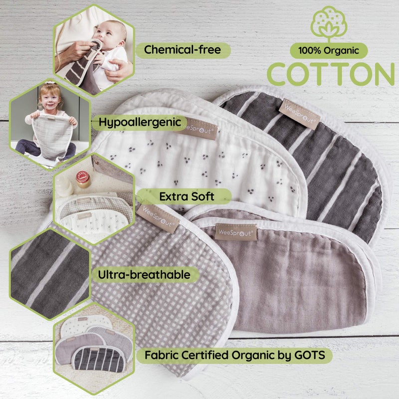 WeeSprout Unisex Organic Towel Cotton Burp Cloths, Set of 4, Four Ultra-Absorbent Layers Keep Clothes Dry, Button Transforms into Baby Bib, Machine Washable & Dryer Safe (Neutral Set, Full) - Image 5